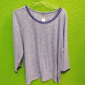 Talbots Blue 3/4 Sleeve Blouse with Decorative Neckline